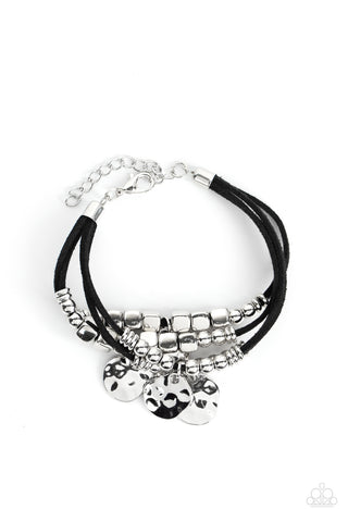 TOKEN TREK -SILVER DISC BLACK SUEDE CORD BRACELET - PAPARAZZI