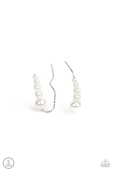 DROPPING INTO DIVINE - WHITE PEARL SILVER DAINTY CRAWLER EARRINGS - PAPARAZZI