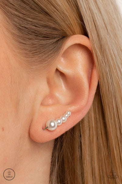 DROPPING INTO DIVINE - WHITE PEARL SILVER DAINTY CRAWLER EARRINGS - PAPARAZZI
