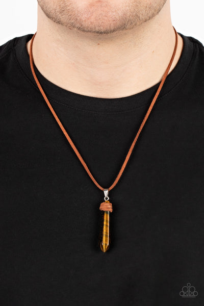 HOLISTIC HARMONY - BROWN TIGER'S EYE LEATHER SUEDE CORD URBAN NECKLACE - PAPARAZZI