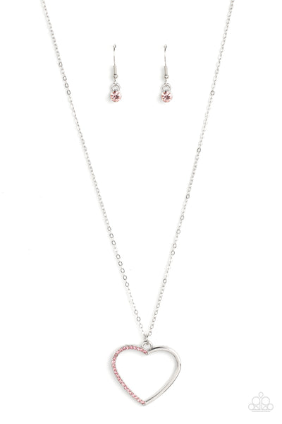 LOVE TO SPARKLE - PINK RHINESTONE SILVER HEART NECKLACE - PAPARAZZI