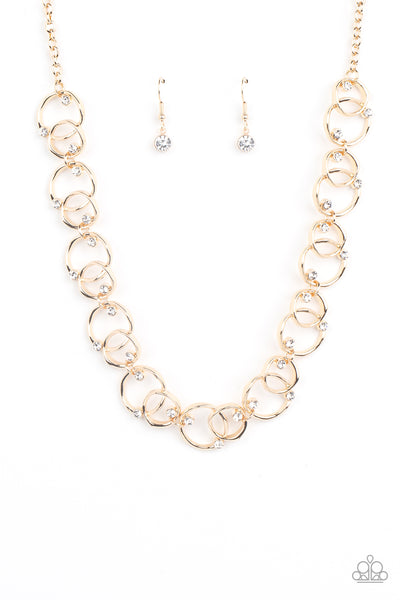 CENTER OF MY UNIVERSE - GOLD CIRCLE WHITE RHINESTONE NECKLACE - PAPARAZZI