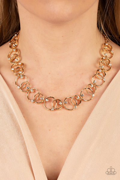 CENTER OF MY UNIVERSE - GOLD CIRCLE WHITE RHINESTONE NECKLACE - PAPARAZZI