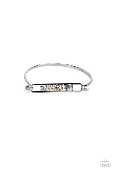 IN CHARMS WAY - BLACK GUNMETAL WHITE RHINESTONE RECTANGLE HOOK BANGLE BRACELET - PAPARAZZI