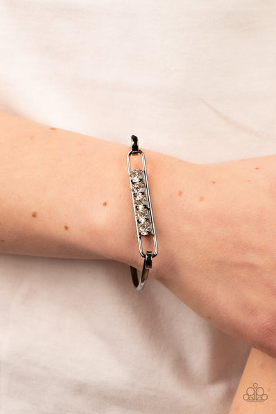IN CHARMS WAY - BLACK GUNMETAL WHITE RHINESTONE RECTANGLE HOOK BANGLE BRACELET - PAPARAZZI