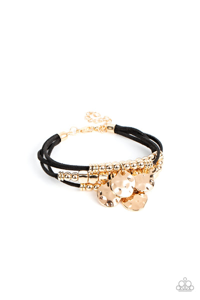 TOKEN TREK - GOLD DISC BLACK SUEDE CORD BRACELET - PAPARAZZI