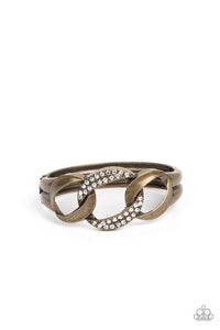 BOMBSHELL SQUAD - BRASS LINK WHITE RHINESTONE HINGED BRACELET - PAPARAZZI