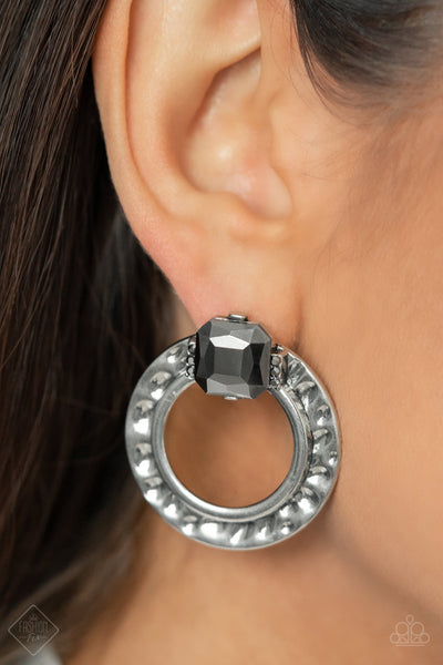 SMOLDERING SCINTILLATION - SILVER HEMATITE GEM CIRCLE EARRINGS - PAPARAZZI FASHION FIX APRIL 2022
