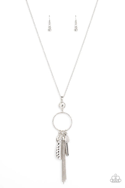 TASTEFULLY TASSELED - WHITE RHINESTONE SILVER CHARM NECKLACE - PAPARAZZ Tassled - White