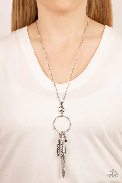 TASTEFULLY TASSELED - WHITE RHINESTONE SILVER CHARM NECKLACE - PAPARAZZ Tassled - White