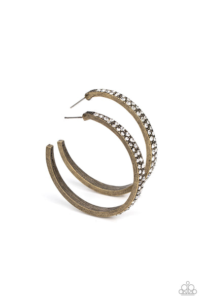 TICK, TICK, BOOM! - BRASS HOOPS WITH WHITE RHINESTONE EARRINGS - PAPARAZZI