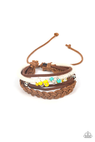 SUMMER SPECTACLE - MULTI BLUE YELLOW SEED BEAD BROWN AND SILVER SLIDE BRACELET - PAPARAZZI