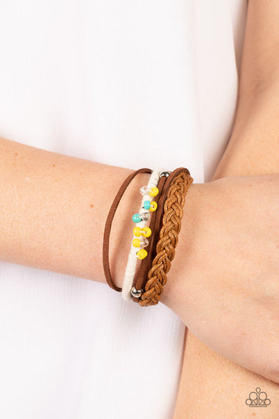 SUMMER SPECTACLE - MULTI BLUE YELLOW SEED BEAD BROWN AND SILVER SLIDE BRACELET - PAPARAZZI