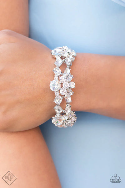 BELOVED BLING - WHITE RHINESTONE GEM SILVER STRETCHY BRACELET - PAPARAZZI FASHION FIX MAY 2022
