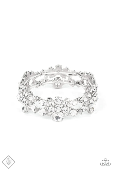 BELOVED BLING - WHITE RHINESTONE GEM SILVER STRETCHY BRACELET - PAPARAZZI FASHION FIX MAY 2022