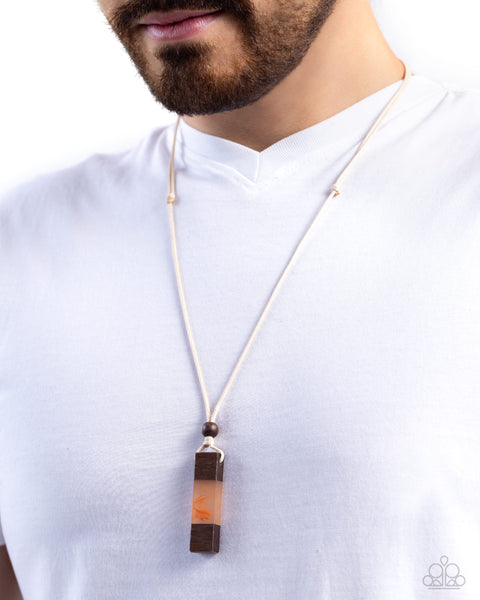 TIMBER TOTEM - ORANGE AND BROWN ACRYLIC WHITE CORD URBAN NECKLACE - PAPARAZZI