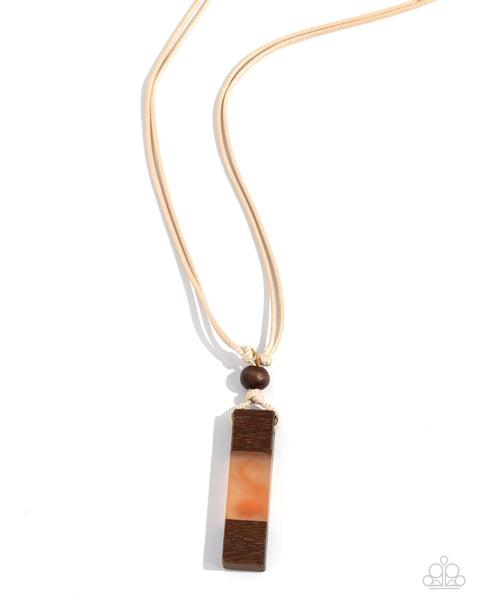 TIMBER TOTEM - ORANGE AND BROWN ACRYLIC WHITE CORD URBAN NECKLACE - PAPARAZZI