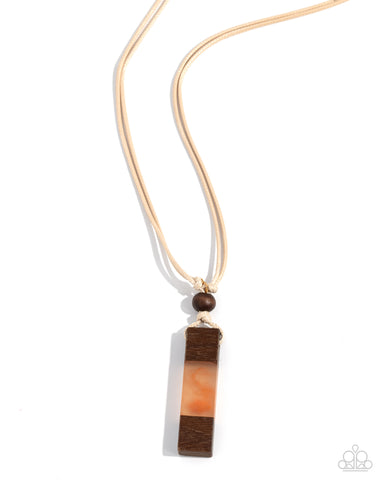 TIMBER TOTEM - ORANGE AND BROWN ACRYLIC WHITE CORD URBAN NECKLACE - PAPARAZZI