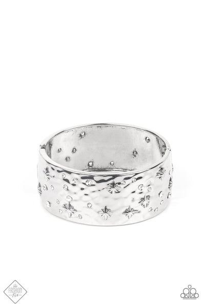 ACROSS THE CONSTELLATIONS - WHITE RHINESTONE SILVER STAR HINGED BRACELET - PAPARAZZI FASHION FIX APRIL