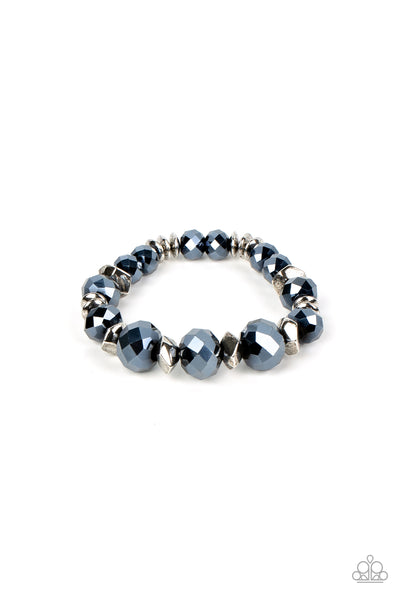 ASTRAL AURAS - BLUE METALLIC BEAD SILVER STRETCHY BRACELET - PAPARAZZI