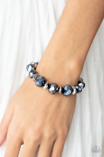 ASTRAL AURAS - BLUE METALLIC BEAD SILVER STRETCHY BRACELET - PAPARAZZI