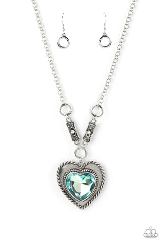 HEART FULL OF FABULOUS - BLUE HEART GEM SILVER NECKLACE - PAPARAZZI