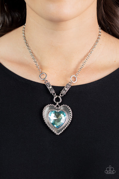 HEART FULL OF FABULOUS - BLUE HEART GEM SILVER NECKLACE - PAPARAZZI