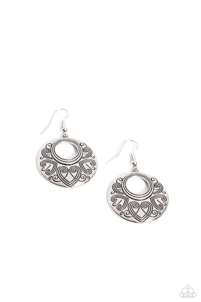 WESTERN BEAU - SILVER HEART PATTERN CIRCLE EARRINGS - PAPARAZZI