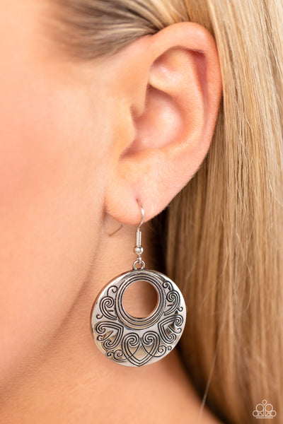 WESTERN BEAU - SILVER HEART PATTERN CIRCLE EARRINGS - PAPARAZZI