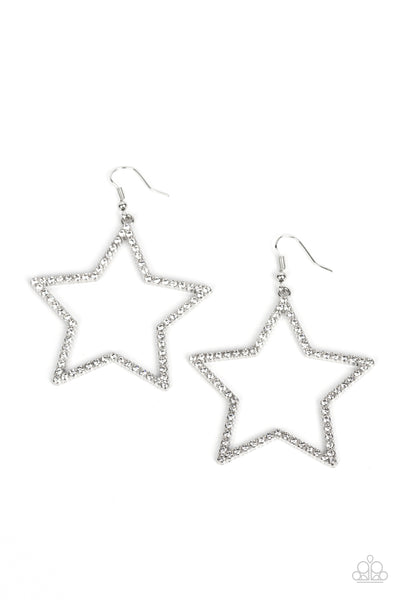 SUPERNOVA SPARKLE - WHITE RHINESTONE SILVER STAR EARRINGS - PAPARAZZI