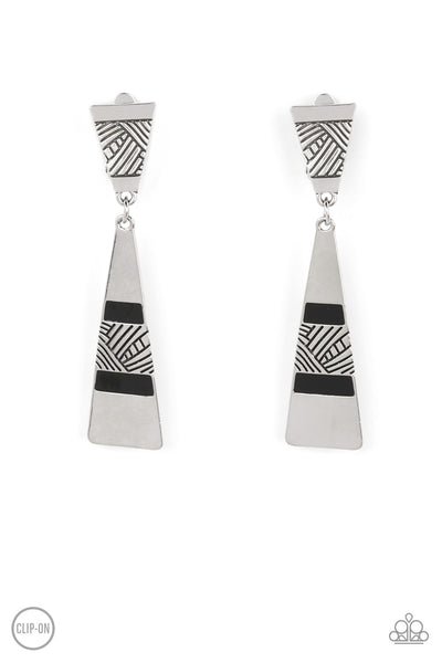 SAFARI SEEKER -BLACK SILVER TRIANGLE BLACK CLIP-ON EARRINGS - PAPARAZZI