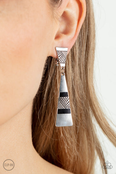SAFARI SEEKER -BLACK SILVER TRIANGLE BLACK CLIP-ON EARRINGS - PAPARAZZI