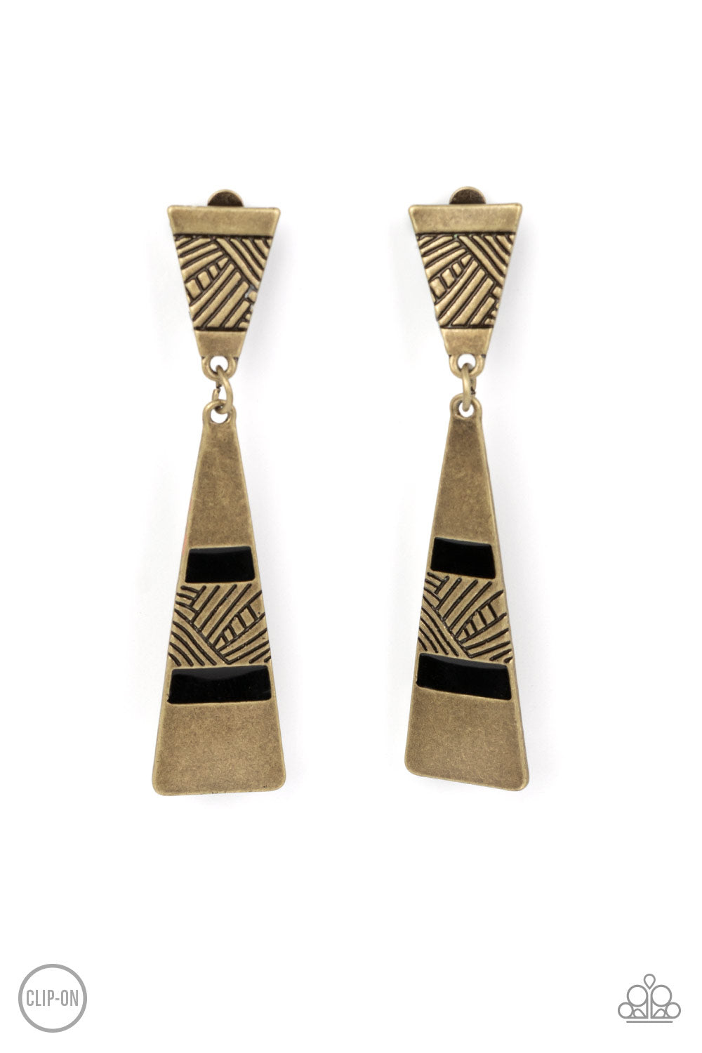 SAFARI SEEKER - BRASS TRIANGLE BLACK CLIP-ON EARRINGS - PAPARAZZI
