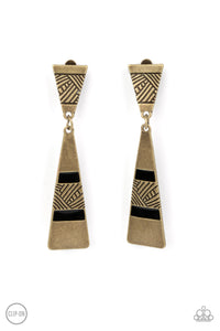SAFARI SEEKER - BRASS TRIANGLE BLACK CLIP-ON EARRINGS - PAPARAZZI