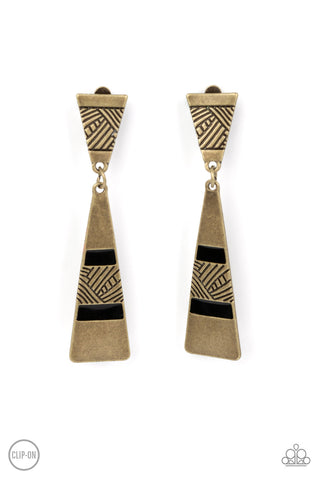 SAFARI SEEKER - BRASS TRIANGLE BLACK CLIP-ON EARRINGS - PAPARAZZI