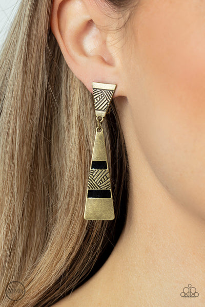 SAFARI SEEKER - BRASS TRIANGLE BLACK CLIP-ON EARRINGS - PAPARAZZI