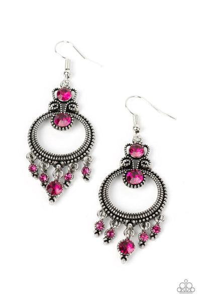 PALACE POLITICS - PINK RHINESTONE SILVER EARRINGS - PAPARAZZI