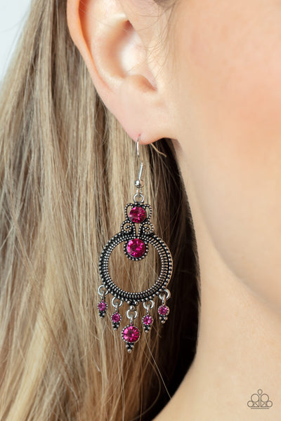 PALACE POLITICS - PINK RHINESTONE SILVER EARRINGS - PAPARAZZI