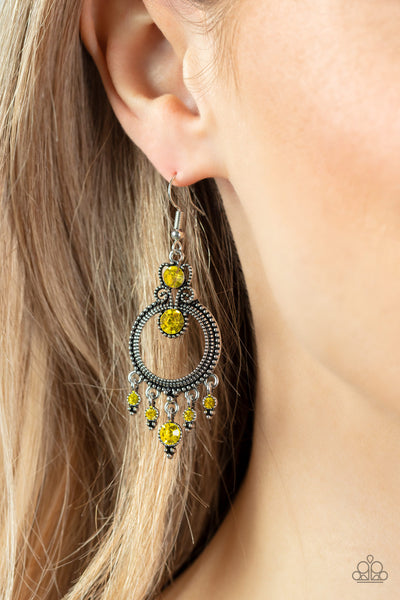 PALACE POLITICS - YELLOW RHINESTONE SILVER EARRINGS - PAPARAZZI