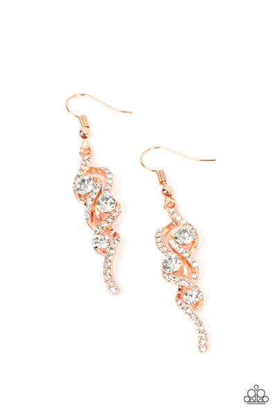 HIGHLY FLAMMABLE - COPPER FRAME WHITE RHINESTONE EARRINGS - PAPARAZZI