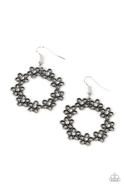 FLORAL HALOS - WHITE RHINESTONE SILVER FLOWER CIRCLE EARRINGS - PAPARAZZI