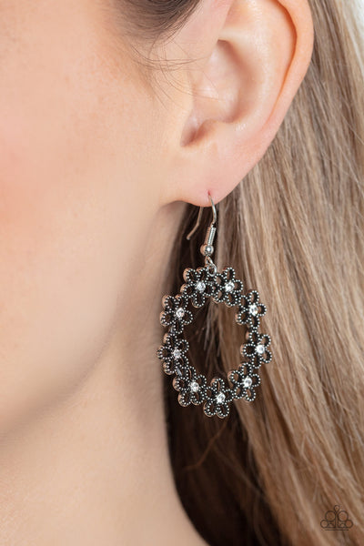 FLORAL HALOS - WHITE RHINESTONE SILVER FLOWER CIRCLE EARRINGS - PAPARAZZI