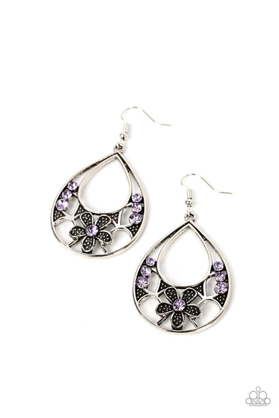 MEADOW MARVEL - PURPLE RHINESTONE SILVER FLOWER EARRINGS - PAPARAZZI