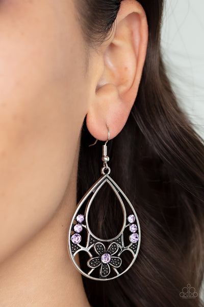 MEADOW MARVEL - PURPLE RHINESTONE SILVER FLOWER EARRINGS - PAPARAZZI