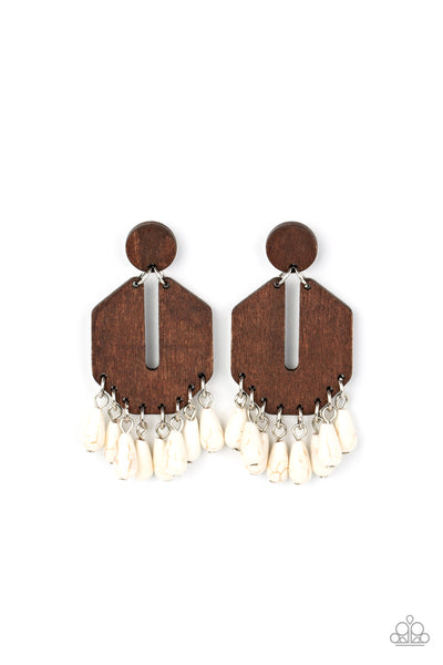 WESTERN RETREAT - WHITE STONE BROWN WOODEN EARRINGS - PAPARAZZI