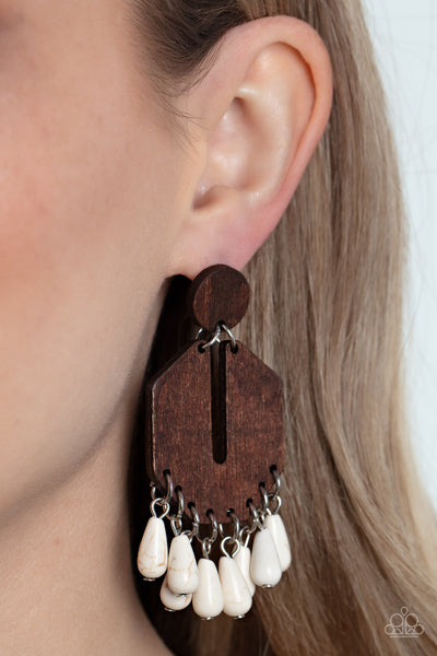 WESTERN RETREAT - WHITE STONE BROWN WOODEN EARRINGS - PAPARAZZI