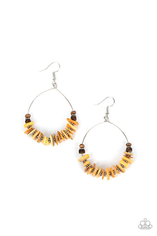 HAWAIIAN KISS - YELLOW PEBBLE BROWN WOOD SILVER EARRINGS - PAPARAZZI
