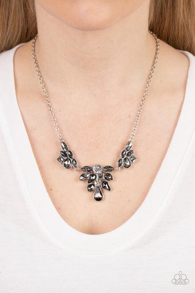 COMPLETELY CAPTIVATED - SILVER SMOKY AND WHITE RHINESTONE GEM SILVER NECKLACE - PAPARAZZI