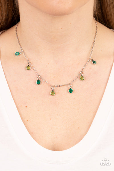 CAREFREE CHARMER - GREEN GLASSY DAINTY GEM SILVER NECKLACE - PAPARAZZI