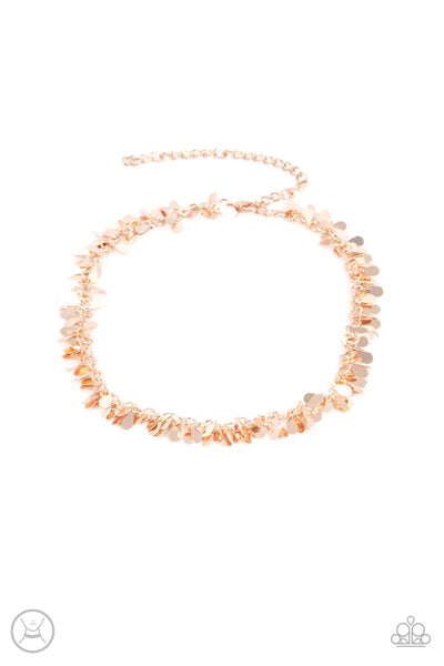 SURREAL SHIMMER - ROSE GOLD TEARDROP FRINGE CHOKER NECKLACE - PAPARAZZI